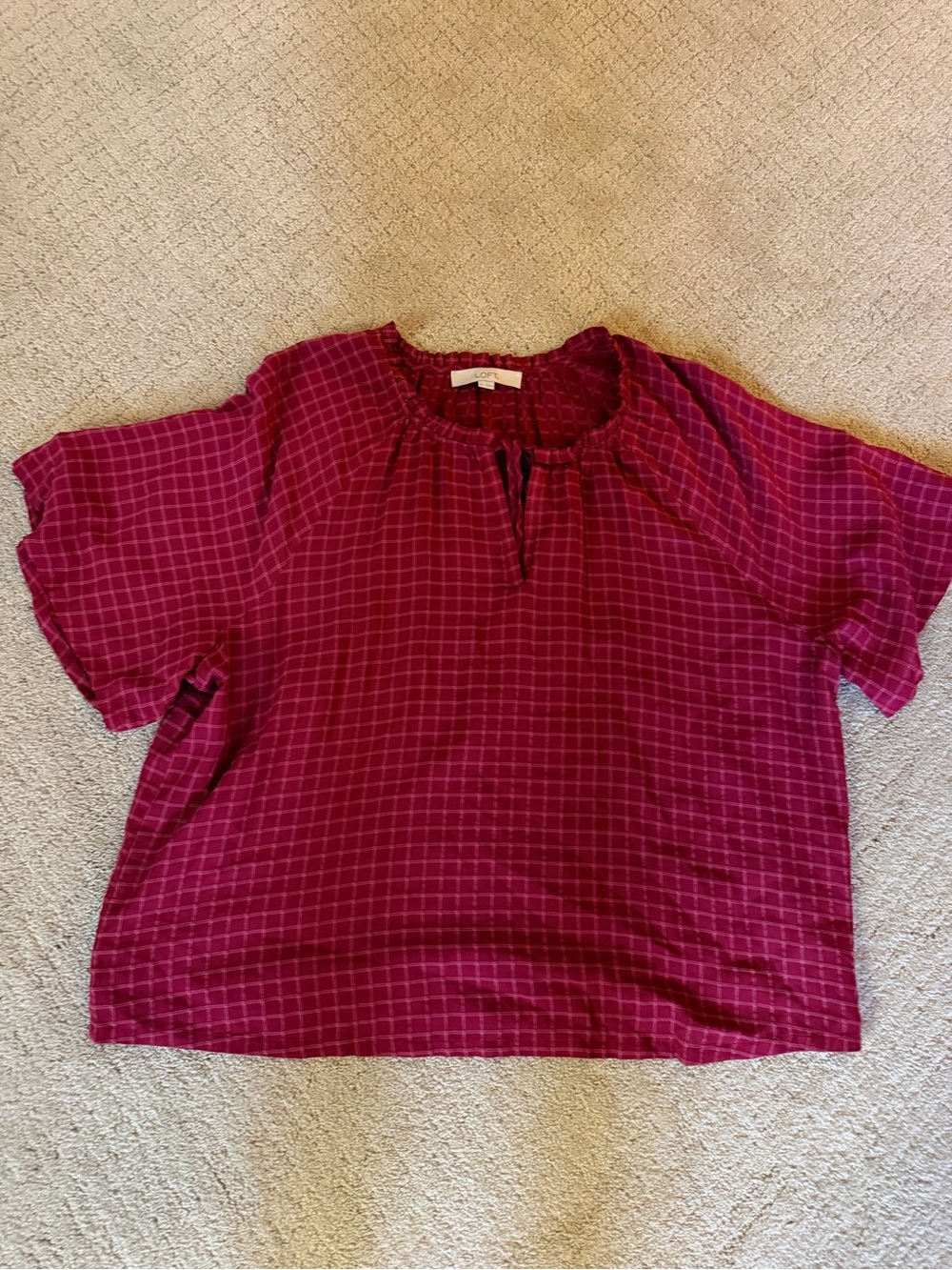 LOFT Burgundy Checked Peasant Blouse